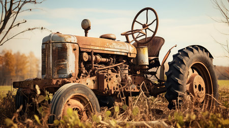 Old rusty tractor in the field. Retro style toned picture.の素材