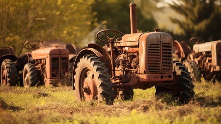 Old tractor in the field. Tractor in the field. Vintage styleの素材