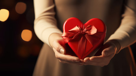 close up of woman hands holding heart shaped gift box over bokeh backgroundの素材
