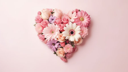 Heart shape made of pink and white flowers on pastel pink backgroundの素材