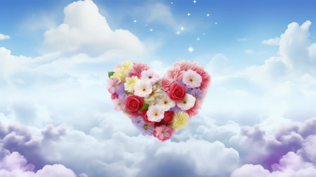 Flowers Heart against blue sky with white clouds, International Women's day backgroundの素材