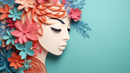 Paper art of beautiful woman face with flowers on blue background. 3d renderingの素材