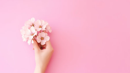 Female hand holding cherry blossom flowers on pink background. Flat lay, top viewの素材