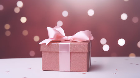 Gift box with pink bow on a bokeh background.の素材