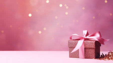 Gift box with pink bow on pink bokeh background.の素材
