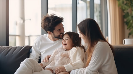 Happy family spending time together at home. Mother, father and daughter are sitting on sofa and smiling.の素材