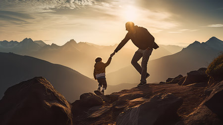 Father and son hiking in the mountains at sunset. Concept of active family.の素材