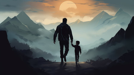 Father and son walking in the mountains at sunset. Concept of friendly familyの素材