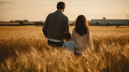 Back view of happy family standing on wheat field and looking at sunsetの素材