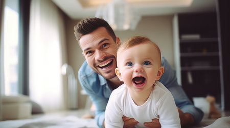Portrait of a smiling father and his adorable little daughter at homeの素材