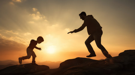 Silhouette of father helping his son to climb mountain at sunsetの素材