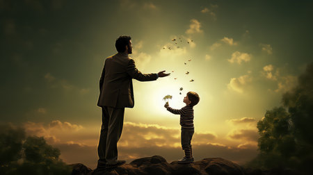 Businessman giving his son a bouquet of flowers as a giftの素材