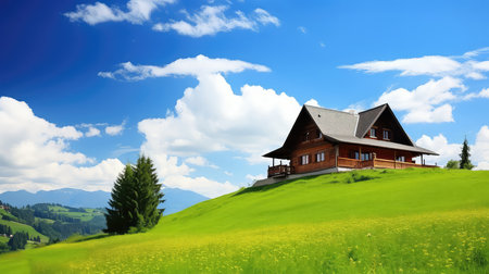 wooden house on green meadow and blue sky with white cloudsの素材