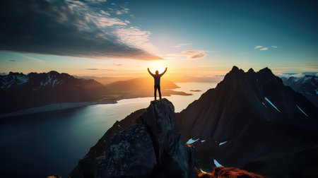 Successful businessman standing on top of a mountain and looking at the sunsetの素材