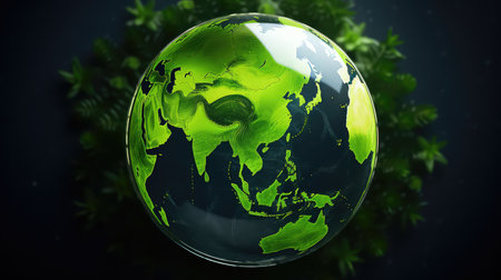 Green planet earth with leaves on dark background. 3D renderingの素材