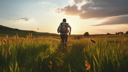 A woman with a backpack on her back walks along a meadow at sunset.の素材