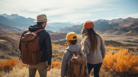 Family of three hiking in the mountains with backpacks. Back viewの素材