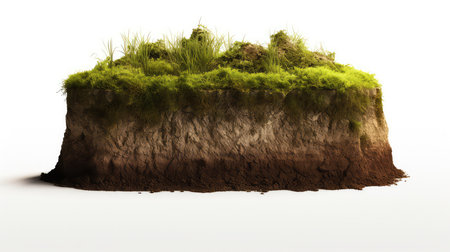 Green grass and soil isolated on white background. 3D illustration.の素材