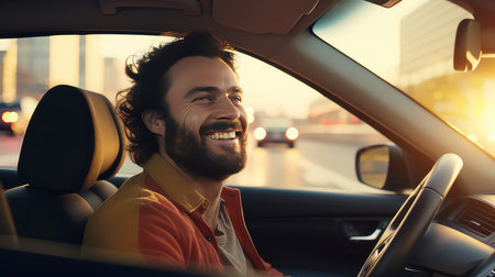 Handsome young man driving a car and smiling at the cameraの素材