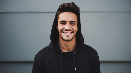 Portrait of smiling young man in hoodie looking at camera outdoorsの素材
