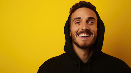 Portrait of a happy young man wearing hoodie over yellow backgroundの素材