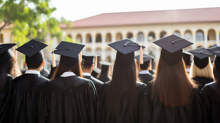 back view of a group of graduates in the cap and gownsの素材