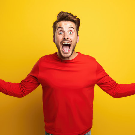 Surprised young man in a red sweater on a yellow backgroundの素材