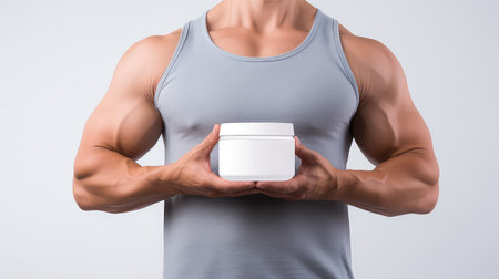 Cropped image of shirtless sportsman holding jar of cream on gray backgroundの素材
