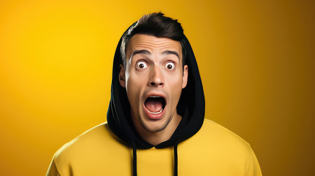 Shocked young man in hoodie looking at camera on yellow backgroundの素材