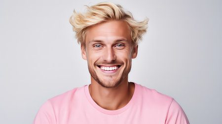 Portrait of a handsome young man with blond hair smiling at the camera while standing against gray backgroundの素材