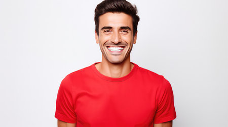 Portrait of a happy young man in red t-shirt standing against white backgroundの素材