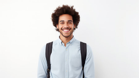 Portrait of happy african american man with backpack smiling at cameraの素材