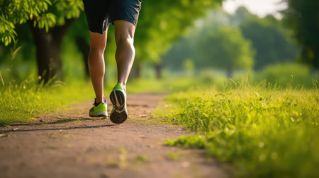 Runner athlete running on forest trail. woman fitness jogging workout wellness concept.の素材