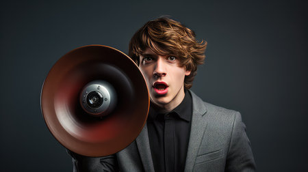 Surprised young man shouting through megaphone on dark backgroundの素材
