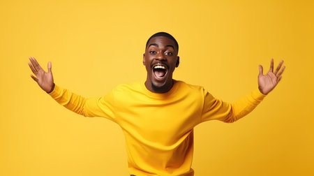 Excited african man in yellow sweater on yellow backgroundの素材