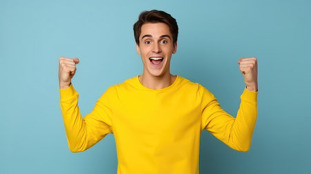 excited young man in yellow sweater celebrating success isolated on blue backgroundの素材