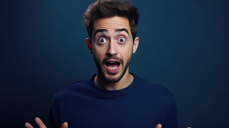 Surprised young man with open mouth looking at camera on blue backgroundの素材