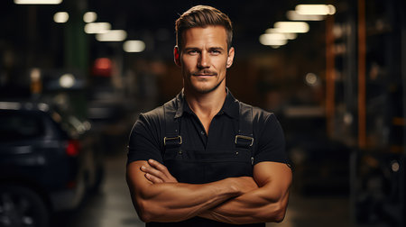 Portrait of a handsome young man standing with crossed arms in a garage.の素材