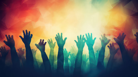 Silhouettes of hands raised up against digitally generated image of colorful backgroundの素材