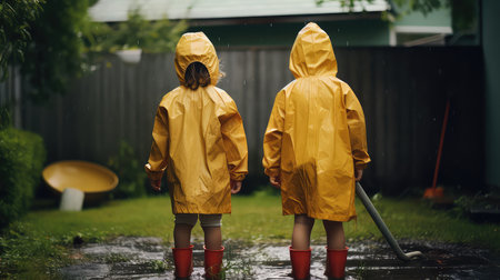 back view of two kids in raincoats standing under rain in yardの素材