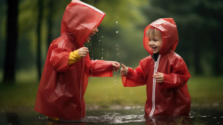Two little boys in raincoats playing in puddle with waterの素材