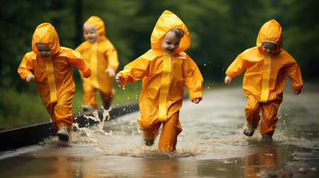 Group of children in raincoats running through a muddy puddleの素材