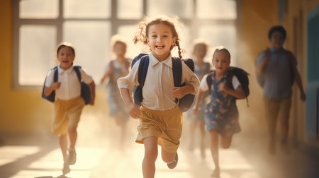 Happy schoolchildren running and jumping in school corridor. Back to school conceptの素材