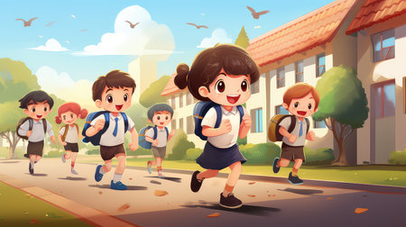 Happy school kids running to school. Back to school concept. Vector illustrationの素材