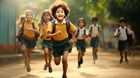 Happy children running and jumping in the school corridor. Education concept.の素材