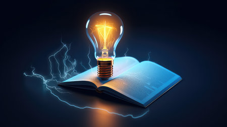 Open book with glowing light bulb on dark background. 3D renderingの素材