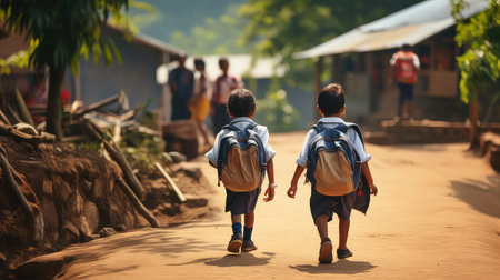 Rear view of two boys with backpacks walking on the roadの素材