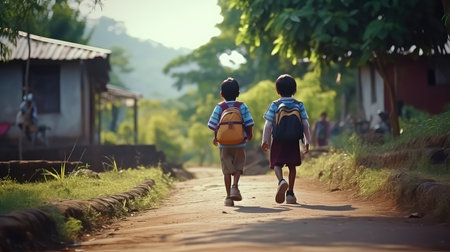 Back view of two boys with backpacks walking on rural road.の素材