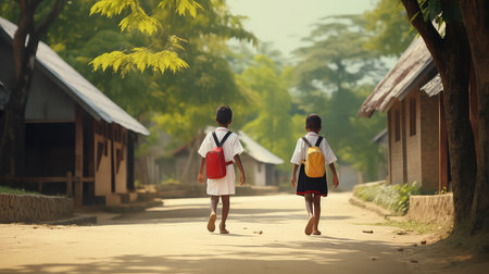 Back view of two school kids walking on the road. Back to school concept.の素材