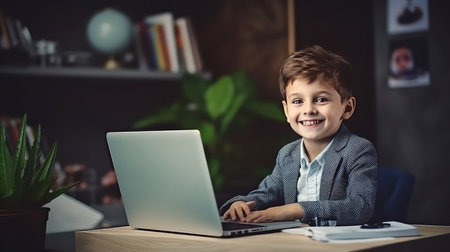 Cute little boy using laptop computer at home. Technology and education conceptの素材